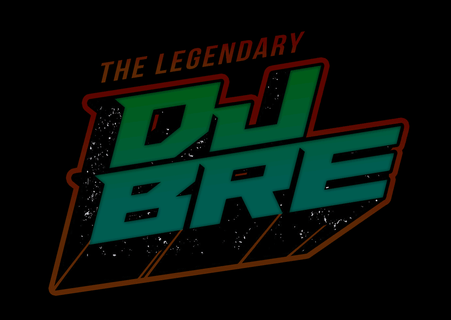 The Legendary DJ BRE logo in neon green, aqua, red and orange